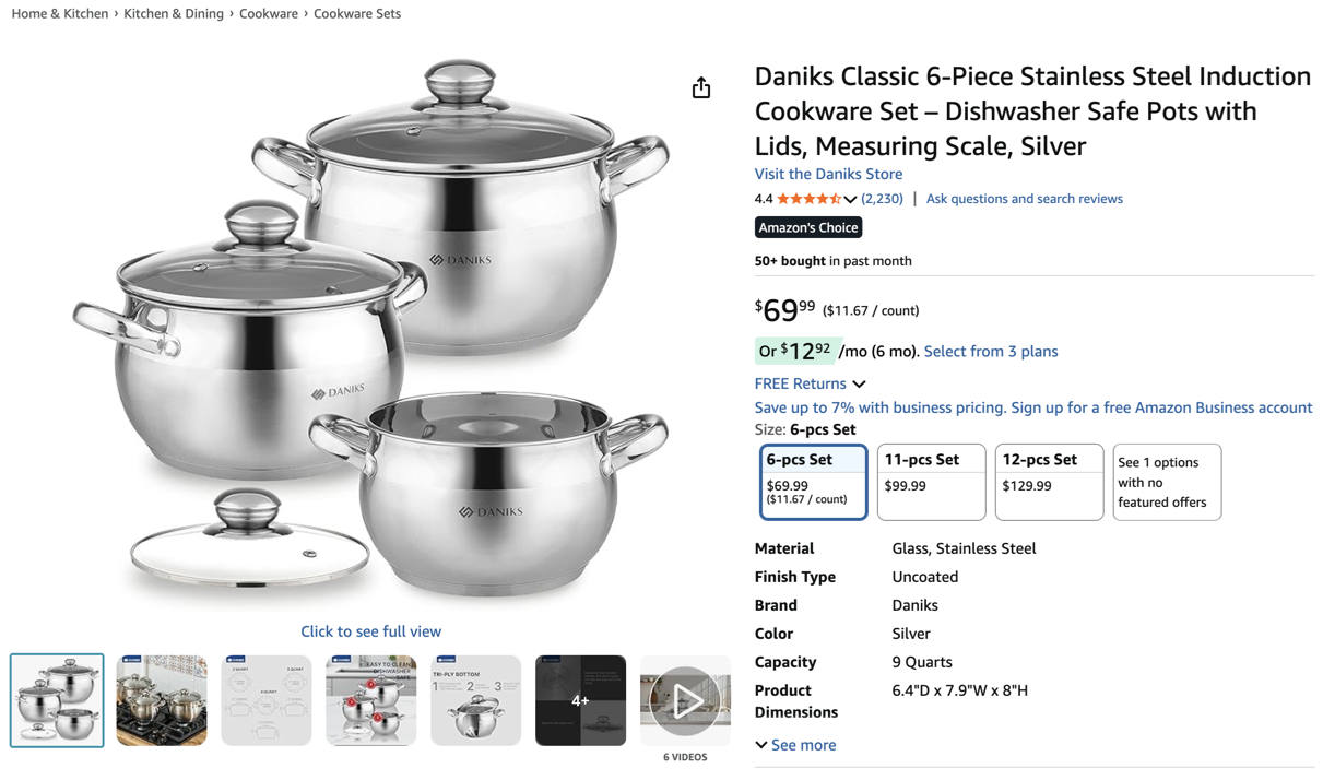 Daniks Classic 6-Piece Stainless Steel Cookware Set on Amazon